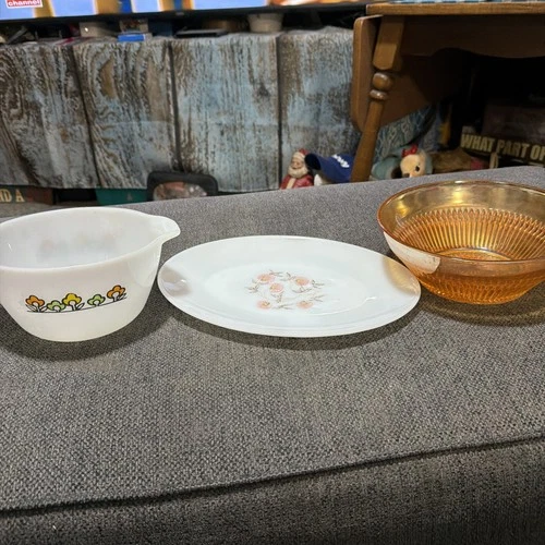 VTG Fire King Summerfield Flowers Mixing Bowl W Platter And Carnival Glass Bowl