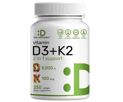 Vitamin D3 + K2, 5000 IU and 100 mcg, 250 softgels, 2 in 1 Complex