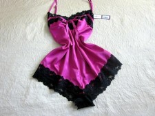 Pink Satin Cami-Knickers Teddy S Black Lace Camisole Panties Lingerie PJs NEW