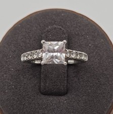 Sterling Silver 925 Princess Cut Cubic Zirconia Solitaire w/ Accent CZ Ring - 5