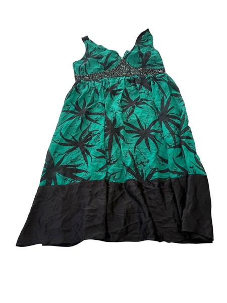 Jacqui e Womens Green Black Leaf Silk Blend Midi A Line Dress Size 12 GC