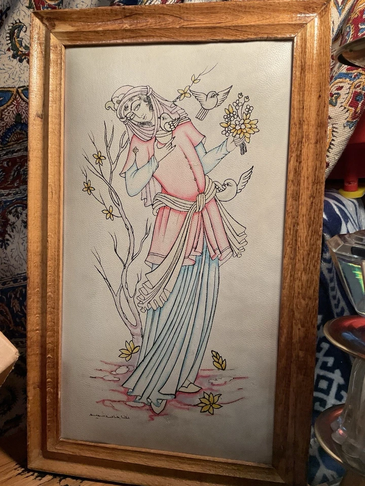 Antique Original Vintage Signed Arabic Persian Miniature Portrait Oil Painting - Image 2 of 4