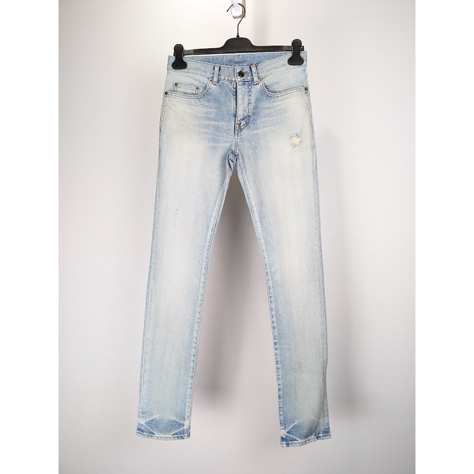 Pantaloni bassi Saint Laurent Paris skinny 5 tasche colore blu autunno chiaro nuovi con etichette 28