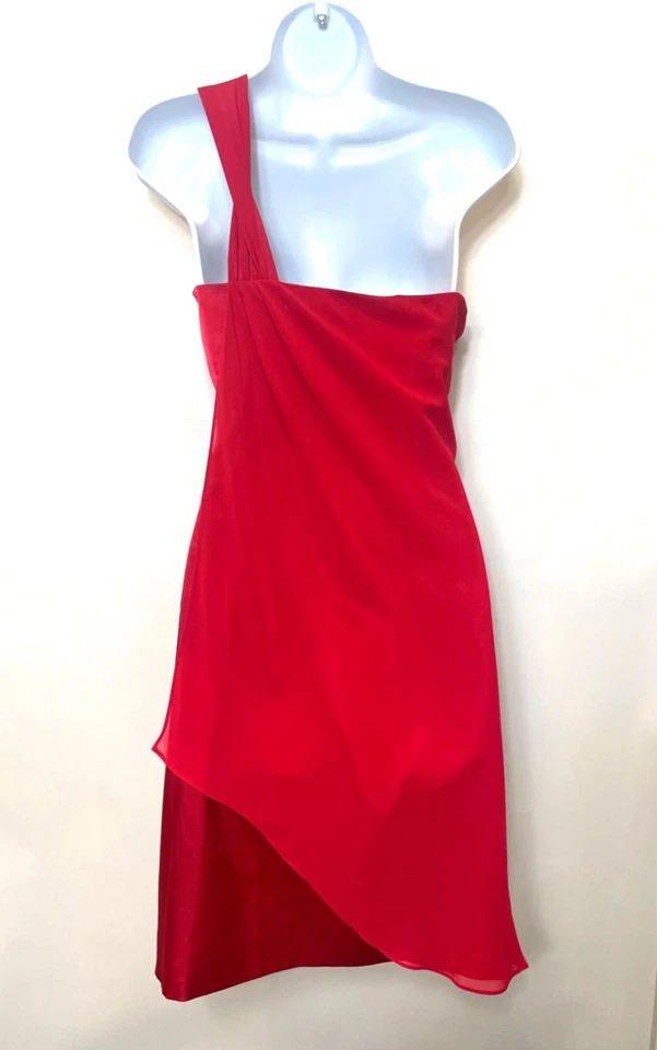 Max & Cleo Crimson Red One Shoulder Dress Ruffle Bow Sheer Overlay Size 10 - Image 4 of 4