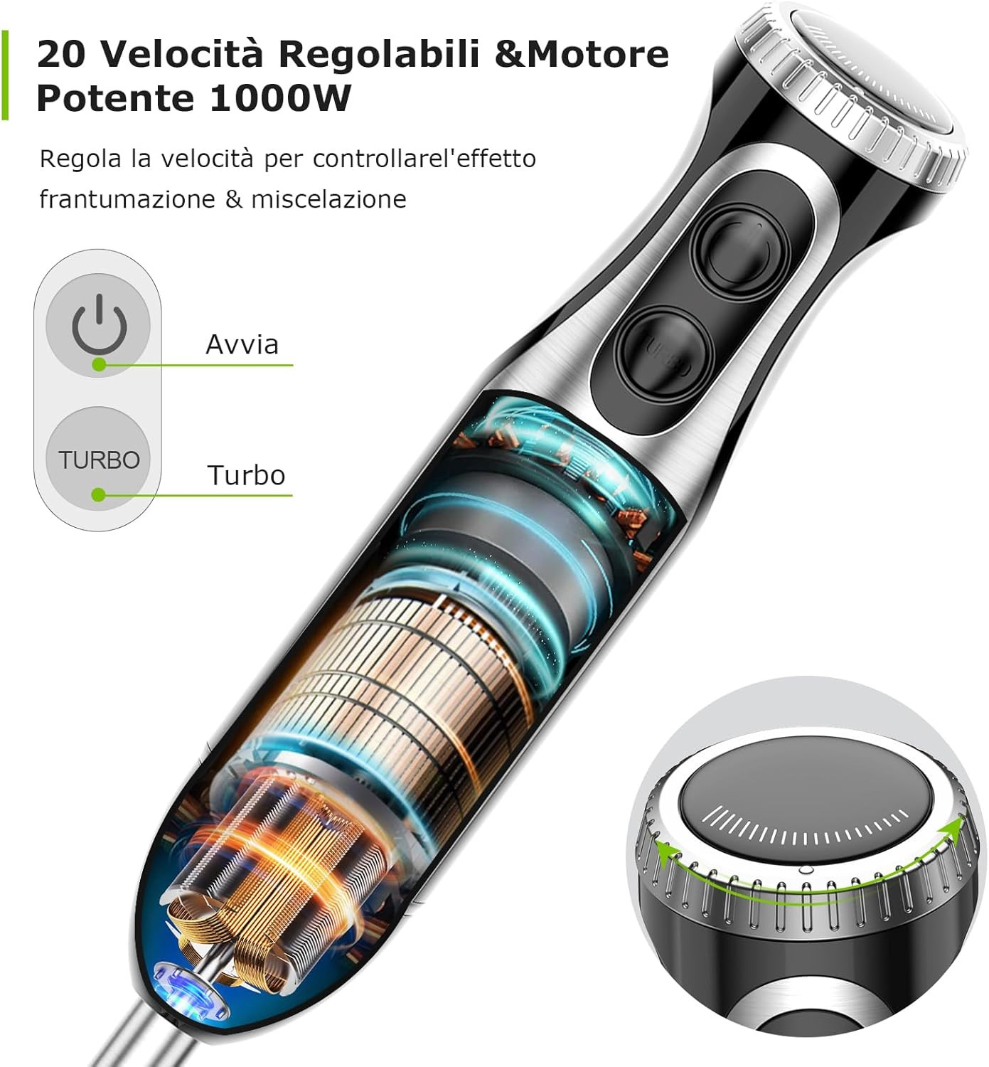 Frullatore a Immersione 1000W 4 in 1 - Minipimer Inox Professionale - 2