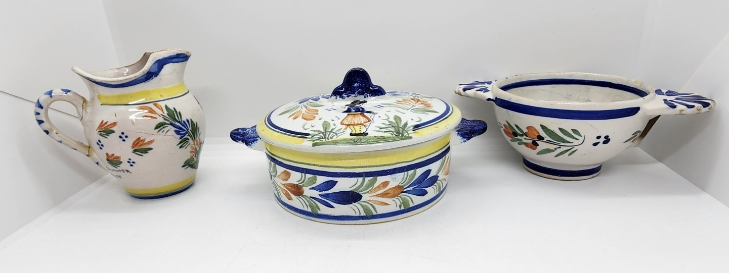 Vtg Quimper Henriot France Ceramic Creamer  Small Bowl & Small Lidded Dish Lot F