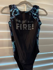 Destira GYMNASTICS dance LEOTARD Child Medium CM This Girl Is On Fire BLUE FLAME