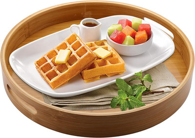 13.8 Inch Large round Bamboo Serving Tray, Bamboo Wood Circle Tray with Handles,