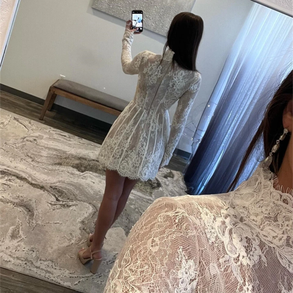 Nuevos vestidos de novia cortos de encaje mangas largas cuello alto cremallera espalda Foto 2 de 4