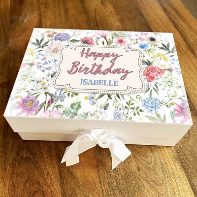 Helle Blumen Aquarell Blumen Bordüre Geburtstag Vintage personalisierte Geschenkbox