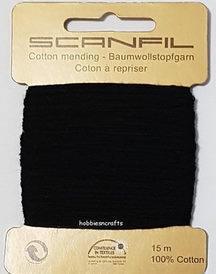 SCHWARZES Scanfil 100% BAUMWOLLE Garn zum Handnähen Stopfen & Ausbessern - 15 Meter