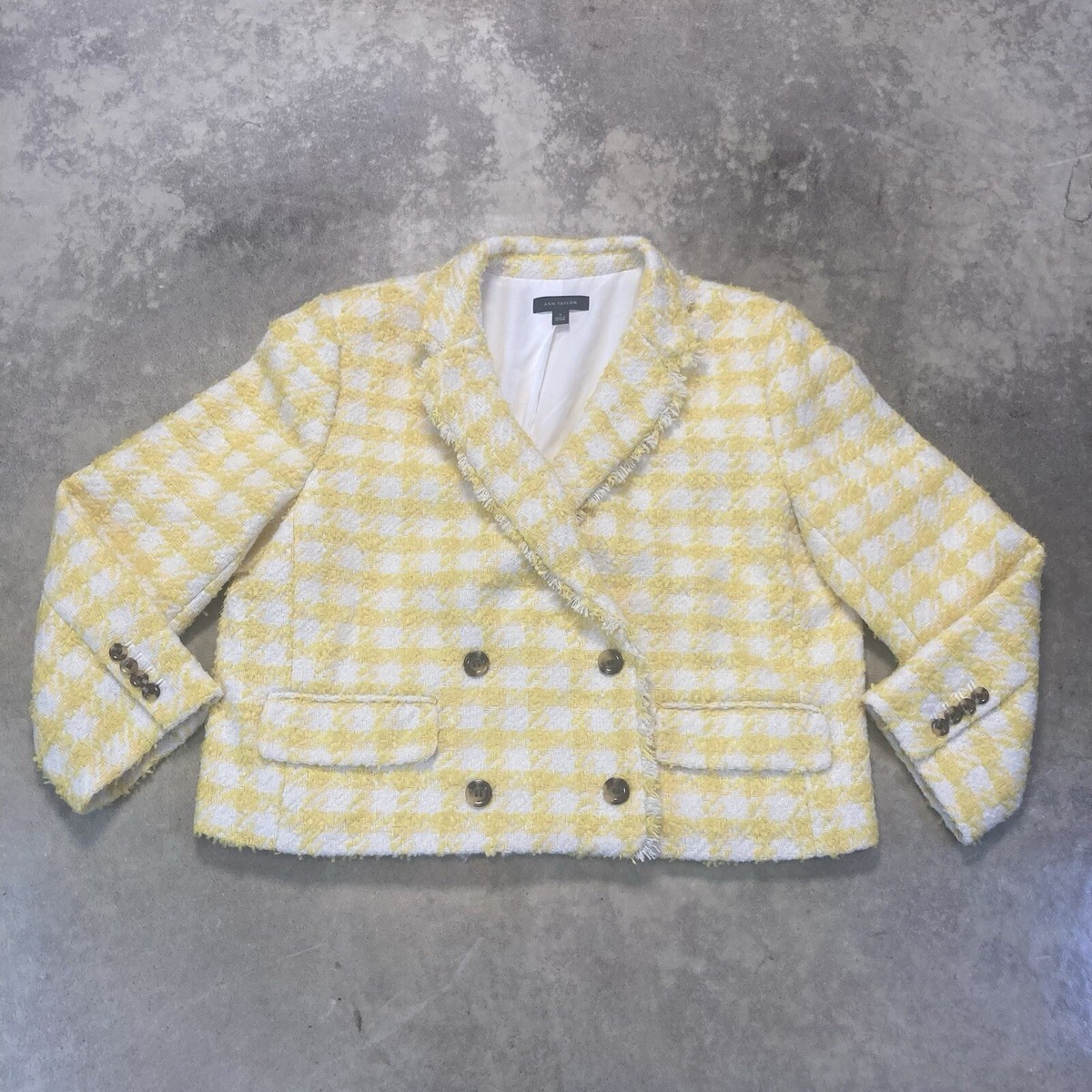 Ann Taylor Blazer Womens 16 Yellow Plaid Fringe Tweed Double