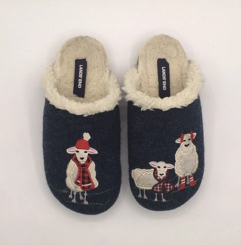 Lands’ End Womens Boiled Wool Sherpa Slippers Sheep Size 6M Cork-soles EUC
