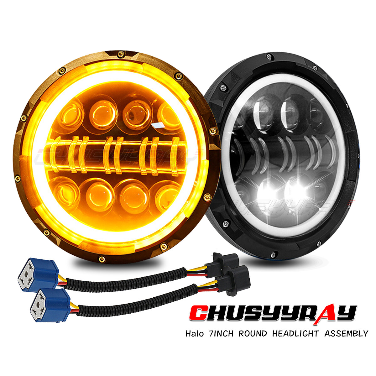 New 7" Round LED Headlight Assembly With Halo DRL For Jeep Wrangler TJ, LJ, JK - Plug & Play, 2 Year Warranty