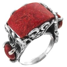 925 Silver Red Coral Cocktail Scroll Filigree Bali Handmade Ring