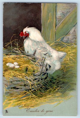 Easter Postcard Chicken Hen Laid Eggs Embossed Tuck No. 1242 Posted Antique