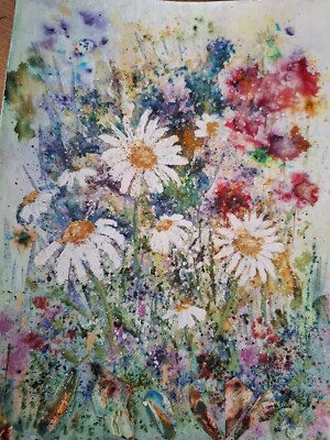 Mixed Media strukturierte halbabstrakte wilde Blumen neu von Yvette 9,5'' x 12,5'' Original