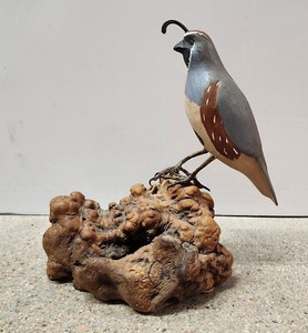 Vintage Hand Painted Wood Figurine Quail on Wood