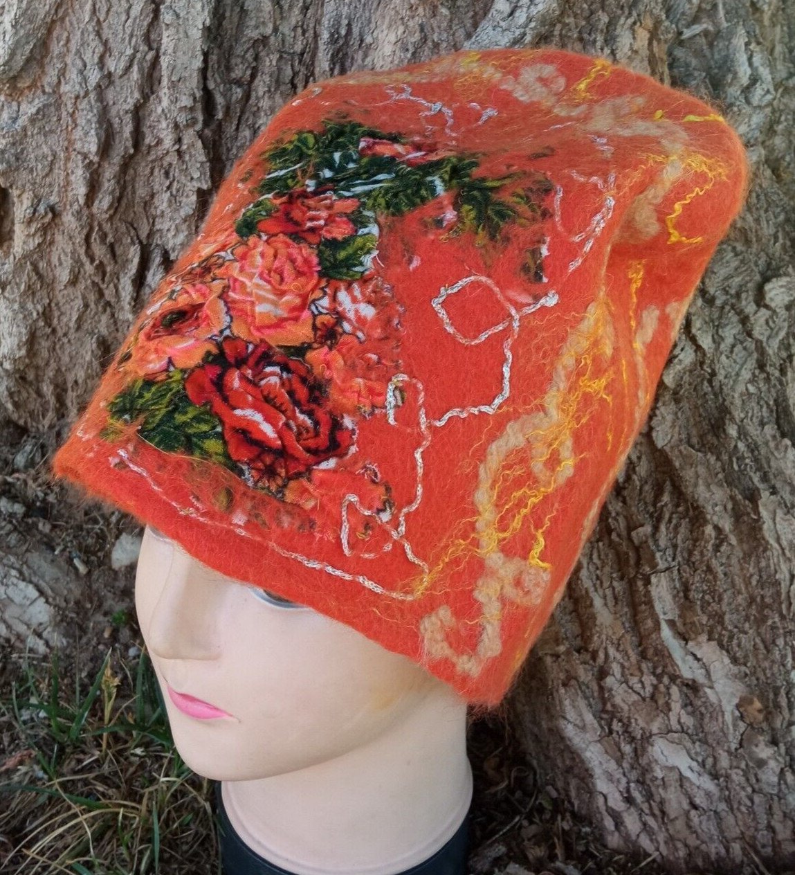 Sombrero de lana merino de fieltro para mujer color naranja.Sombrero cálido d...