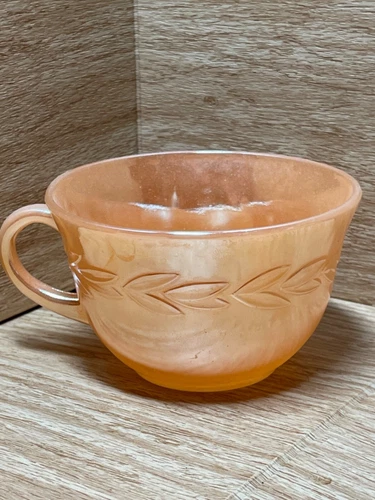 Vintage Fire King Oven Ware Coffee Tea Cup Peach Lustre w Band of Leaves  #15199