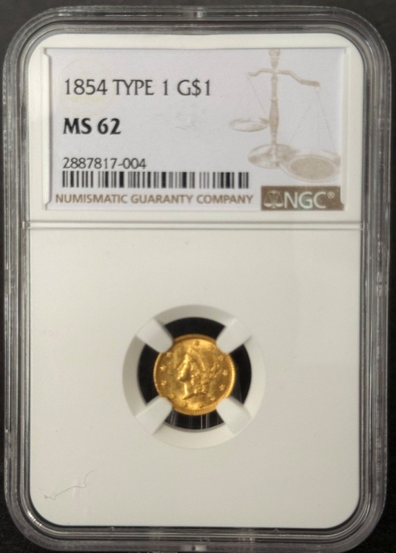 1854 Type 1 Indian Head Gold $1 NGC MS-62 