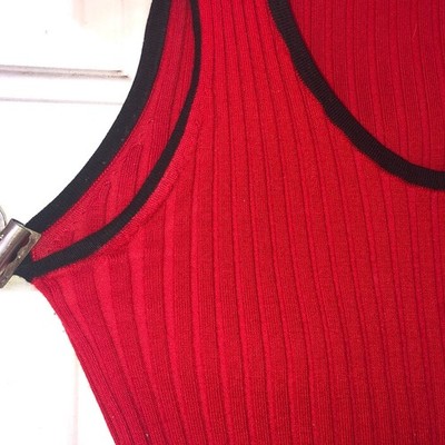 Womens RED Knit Ribbed Stretch Tank Top, BLACK Trim, Size M, Viscose/Poly Y2K Vt