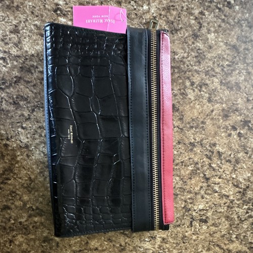 Isaac Mizrahi New York Black/Red/White Croc Embossed Zip Wristlet Clutch