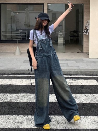 DAZY Women's Casual Washed Wide-Leg Denim Bib Overalls Size Large