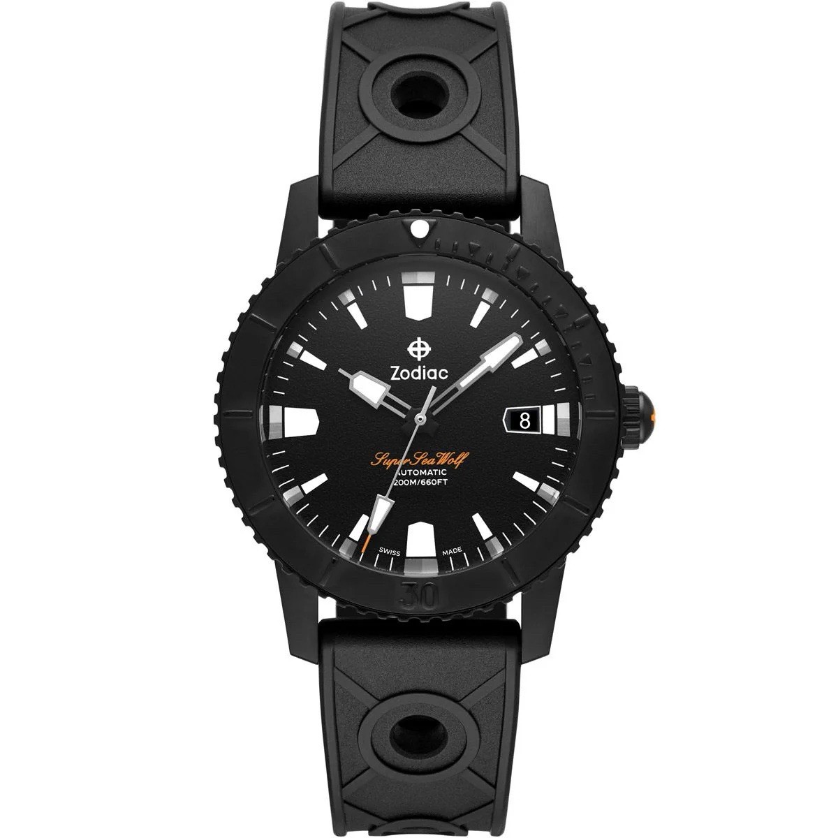 NEW Zodiac Super Sea Wolf Men's Black Watch, 200M WR, Reference