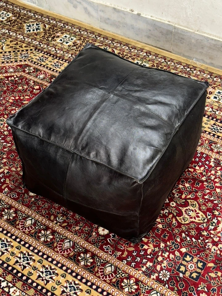 Moroccan Boho Leather Footstool Handmade Genuine Pouffe Classic - Image 3 of 4