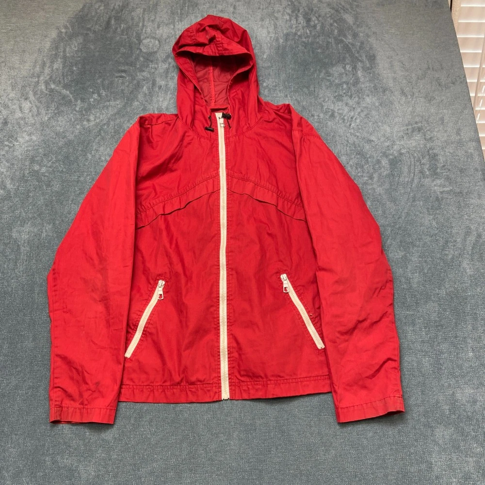 Threads & Heirs Windbreaker Jacket Mens Large Red Cotton Hooded Full Zip Pockets