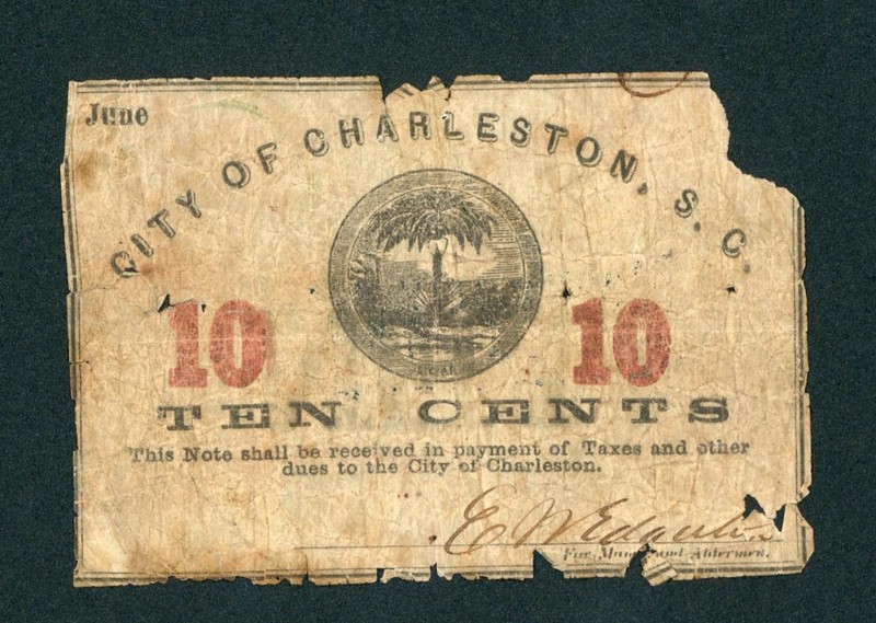 10 Cents 1800's City of Charleston, S.C Obsolete Note ** PAPER CURRENCY