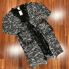 New NWT Foxiedox Anthropologie Black White Cardigan Sweater Fringe Size Medium