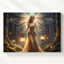 Luminous Fairy In Enchanted Forest Canvasglowing Lantern And Dragonfly Wings