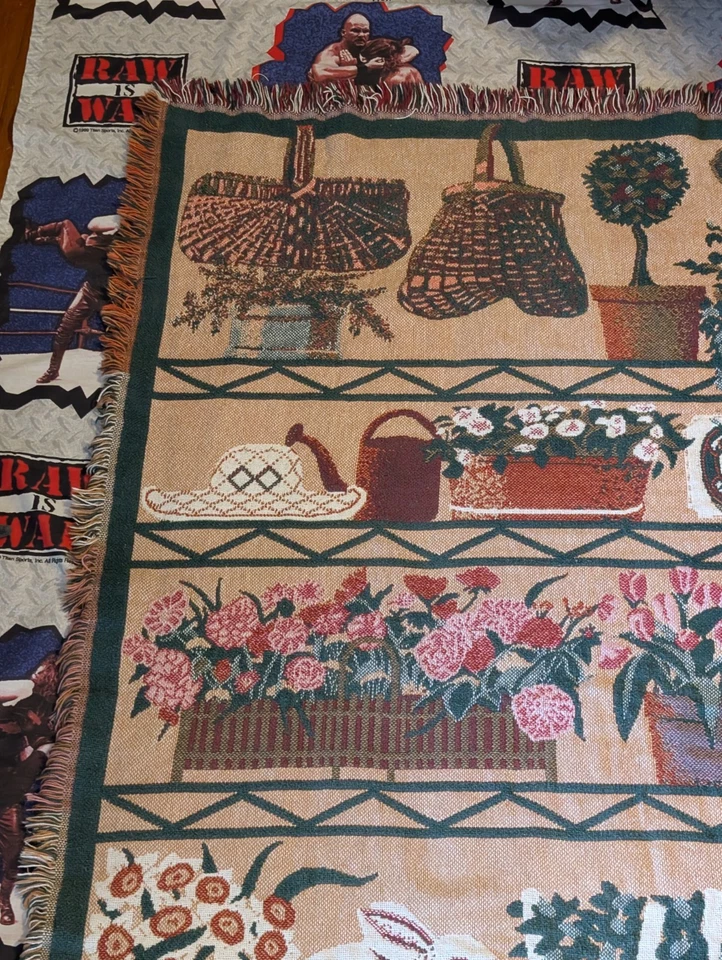 Vintage Beige Blue GOODWIN WEAVERS Tapestry Throw Blanket Bunnies Garden 50"x66" - Image 2 of 4