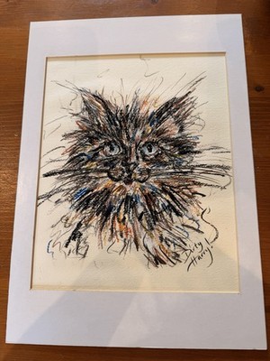 Original ausdrucksstarke Katze Wachsmalstift Zeichnung schrullig ''Dirty Harry'' Katzenkunst
