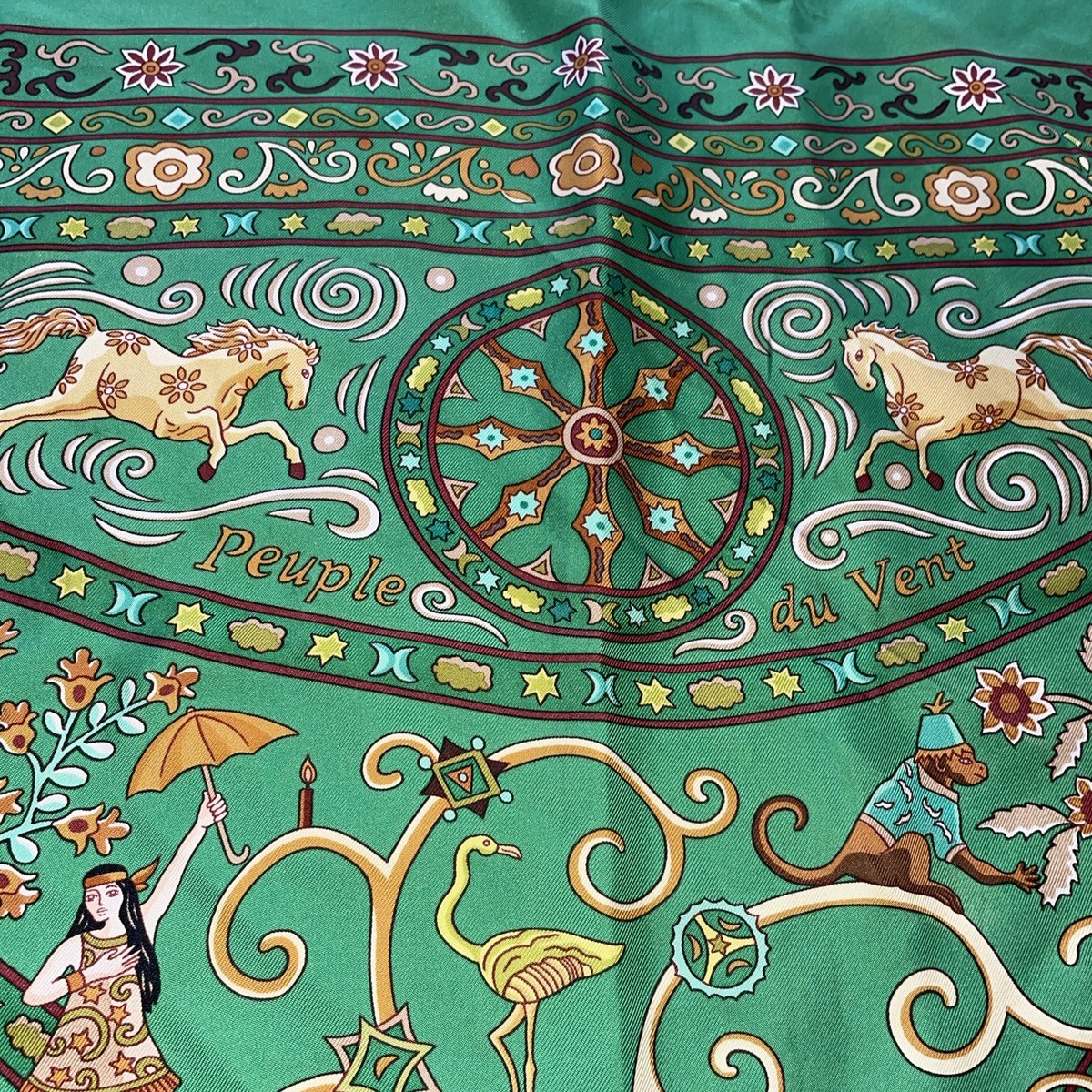 Hermes Silk Scarf Peuple du Vent Green Carre 90 cm 35