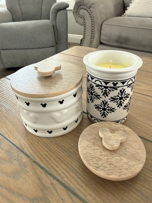 Disney Homestead Ceramic Canister & Candle Set w/ Wooden Lid Mickey Mouse Icon 