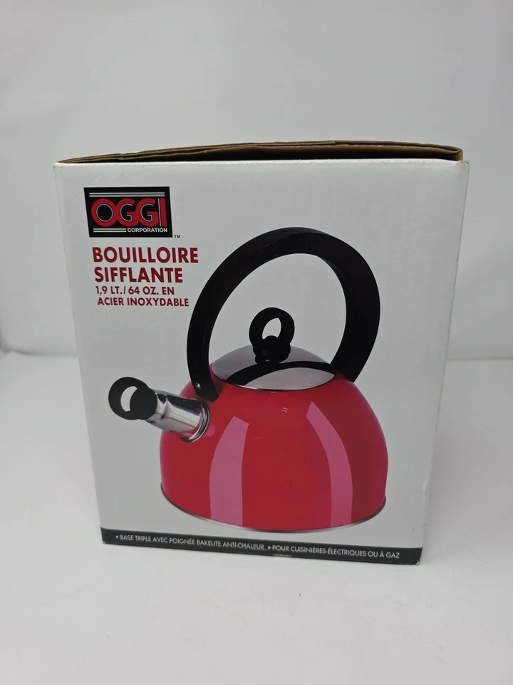 Свистящий чайник OGGI с бакелитовой ручкой из нержавеющей стали 1,9 литра/64 унции красный б/у один раз - Изображение 2 из 4