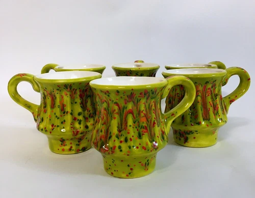 Set of 6 Vintage Pottery Splatter Glaze Mugs Artist Signed & Dated Midcentury