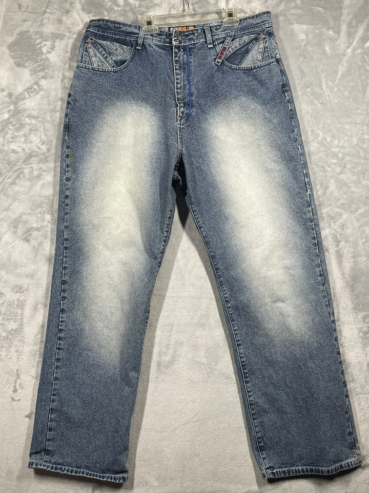 Pantalones de mezclilla Akademiks para hombre 38x32 Y2k holgados pierna ancha hip hop skate grunge años 90 vintage Foto 2 de 4