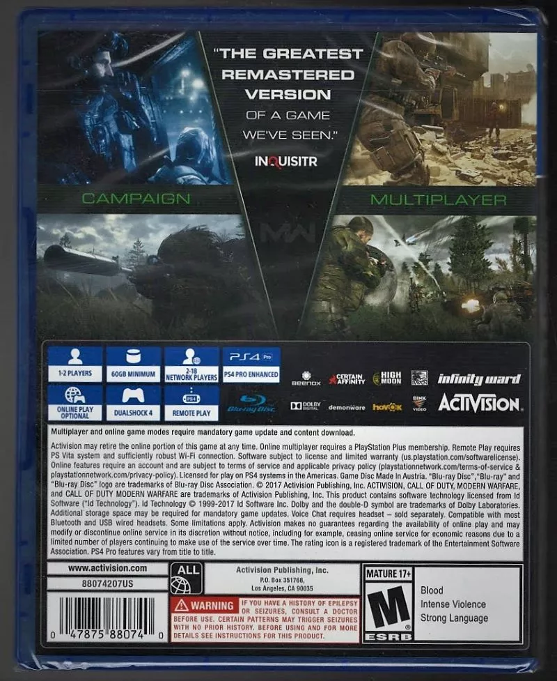 vidnesbyrd Trafikprop samtale Call of Duty: Modern Warfare Remastered PS4 (Brand New Factory Sealed US  Version 47875880740 | eBay