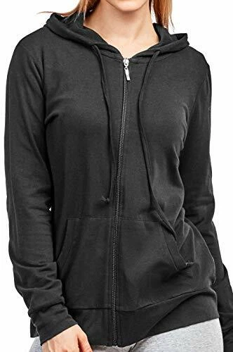 Women s Thin Lightweight Cotton Long Sleeve Hoodie Black Zipup 1XLarge