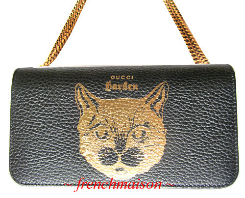 AUTH GUCCI Garden Gold Black Leather CAT HANDBAG Florence Italy