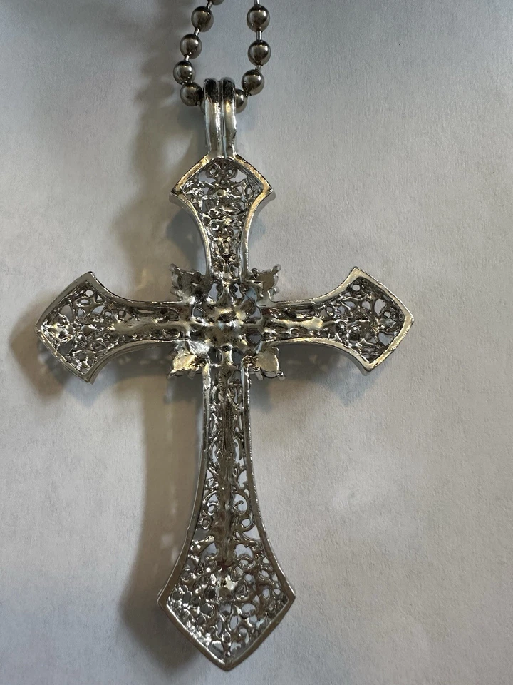 Crystal Cabochon Gothic Cross 29” Necklace Silver Toned Religious 3.5” Pendant - Image 4 of 4
