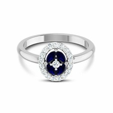 Classic Halo Style White  Blue Simulated Shiny Sapphire Engagement Fine Ring