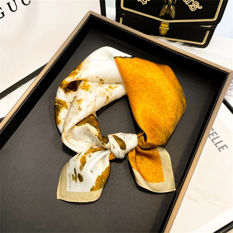 100% Pure Silk 21-Inch Square Scarf for Women Elegant Oil Painting Design Neckerchief Wrap