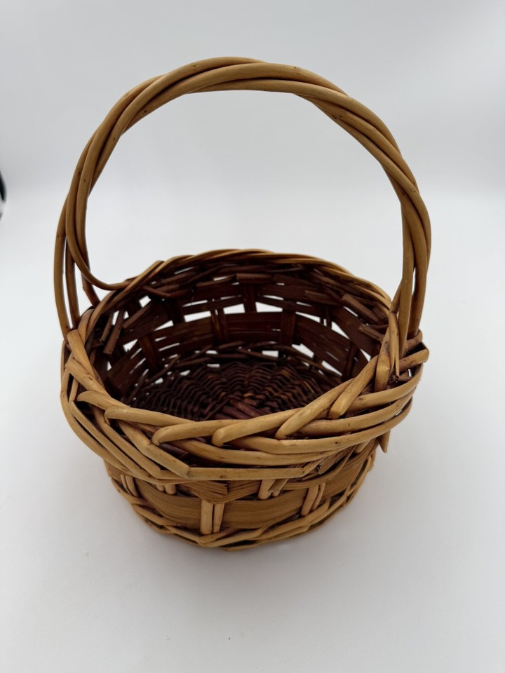 Vintage Hand Woven Round Wooden Basket with Handle Solid Wood 8” L X 9