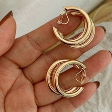 CLIP ON chunky GOLD FASHION smooth metal TRIPLE HOOP RETRO 25mm EARRINGS HOOPS