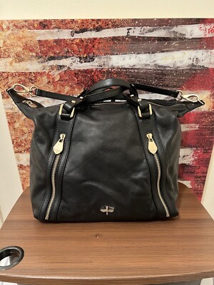 POUR LA VICTOIRE Black Leather Front Double Zip Pockets Satchel
